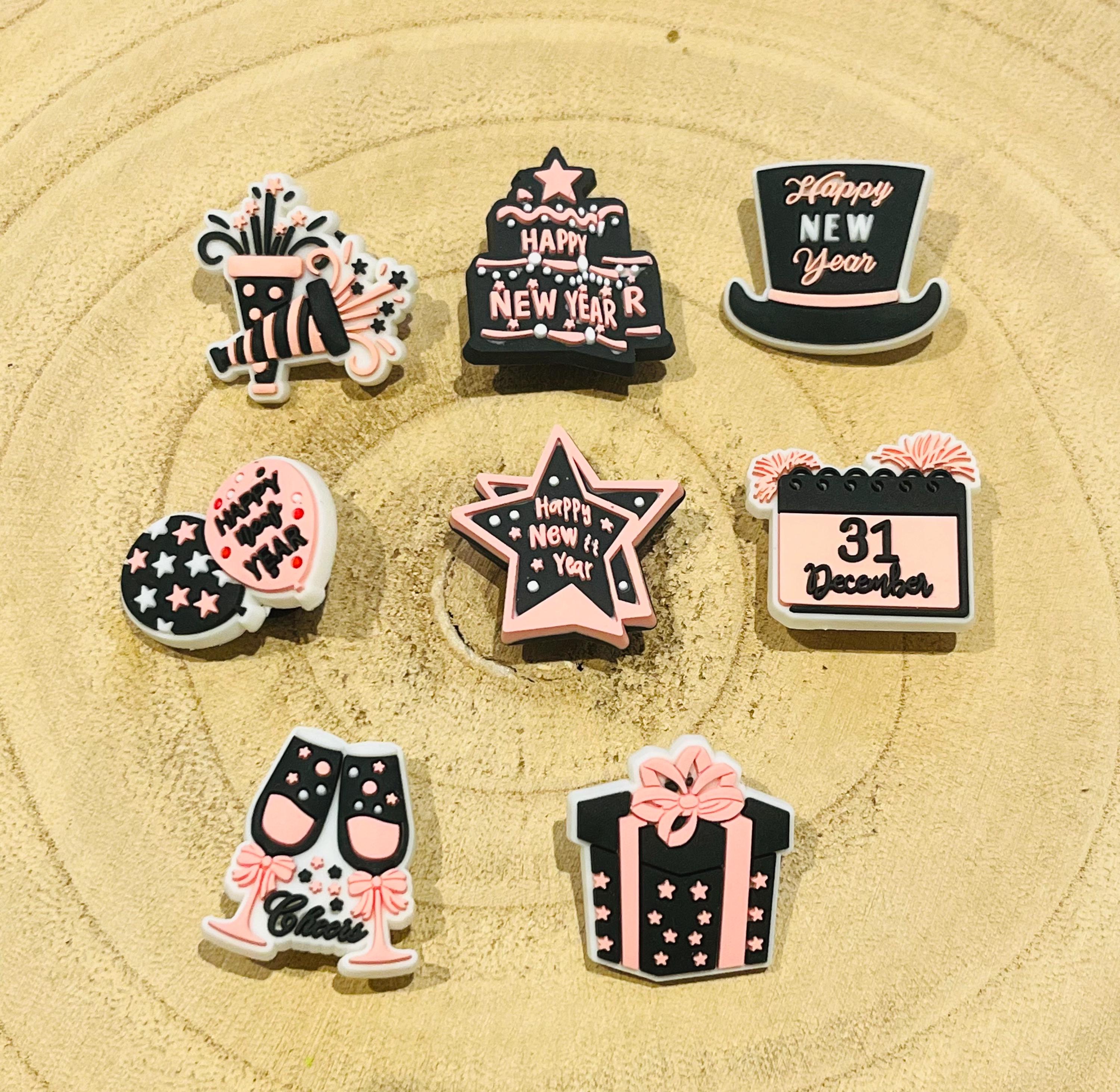 New Year's Eve Croc Charms: Pink & Black, Set of 8