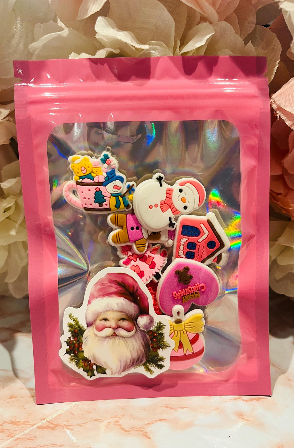 Pink Christmas Croc Charms: Santa, Snowman, Bauble Set