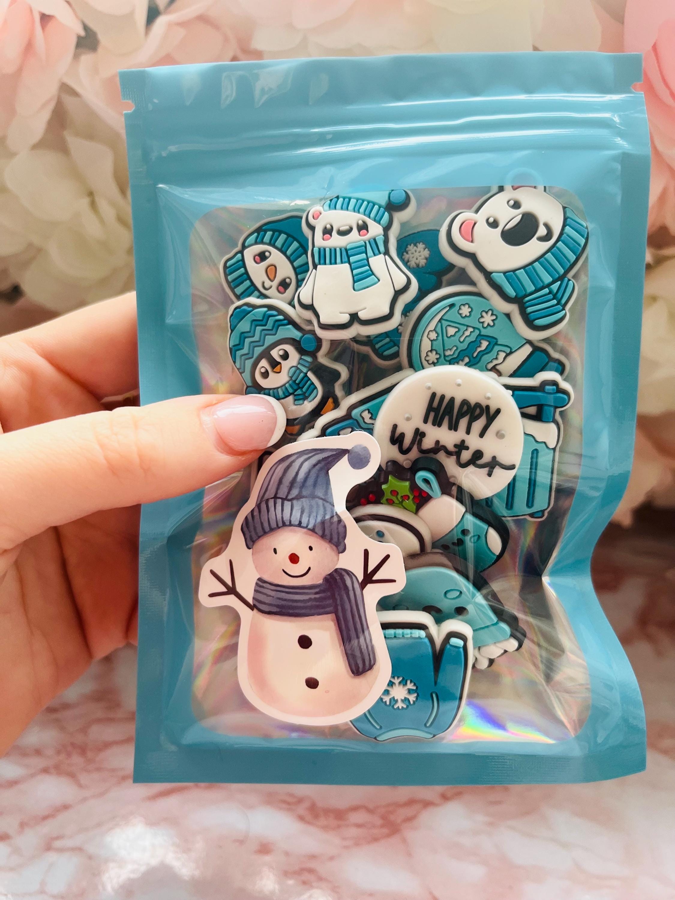 Blue Christmas Croc Charms: Snowman, Xmas Tree, Ice Skating - Set of 14