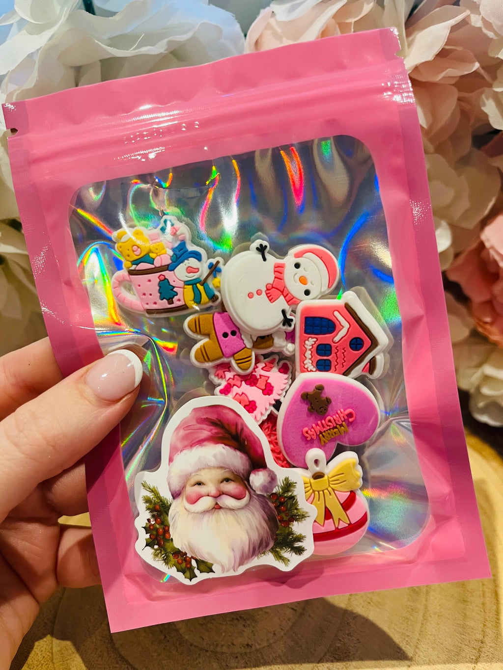 Pink Christmas Croc Charms: Santa, Snowman, Bauble Set