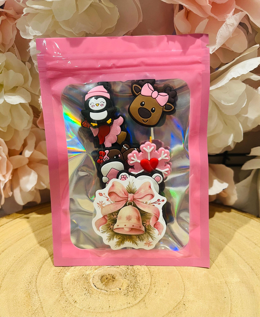 Pink Christmas Croc Charms - Santa, Penguin, Reindeer, Polar Bear (Set of 8)