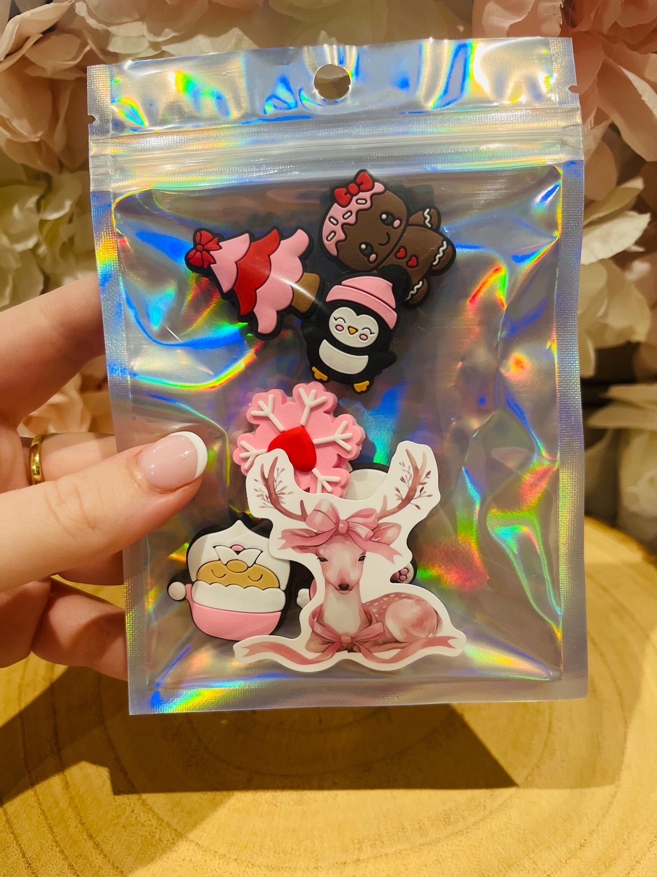 Girls Christmas Croc Charms: Pink Xmas Shoe Accessories - 8 Pack