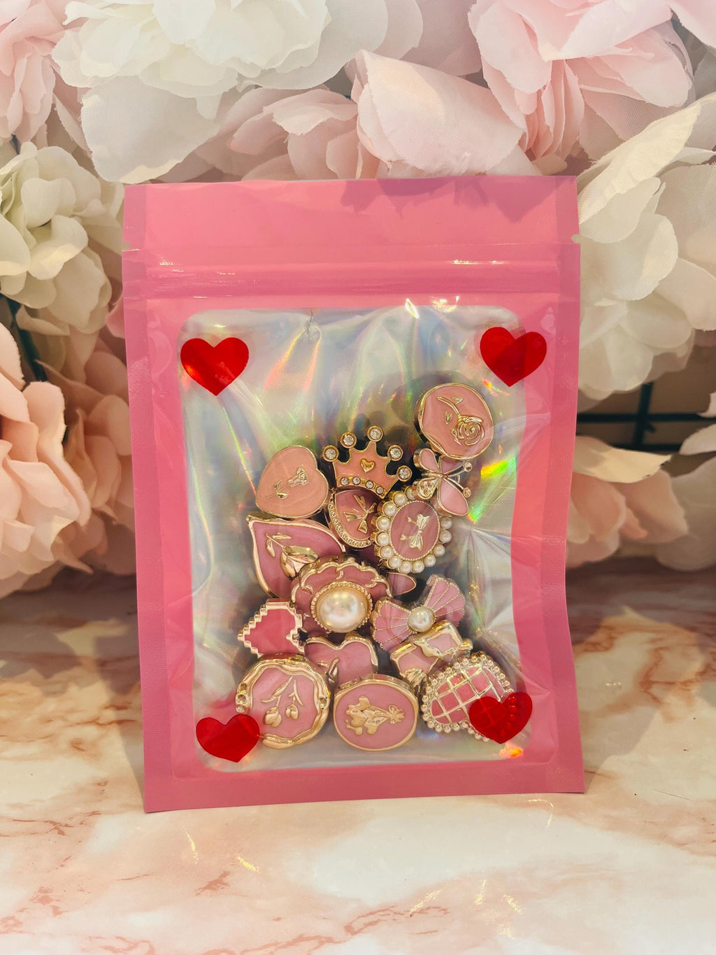 Set of 16 Pretty Pink Shoe Charms | Hearts Pearls Bows Shoe Clog Girls Accessories