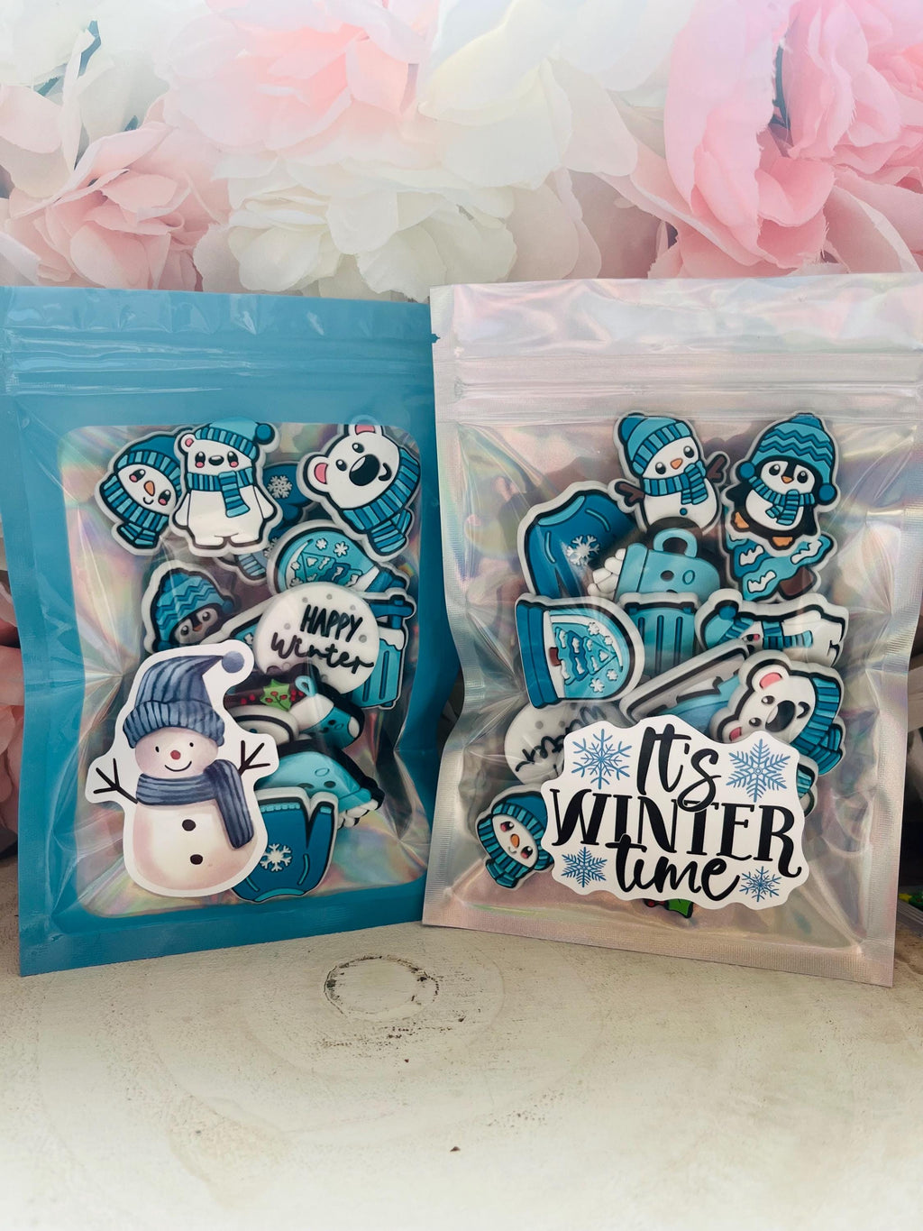 Blue Christmas Croc Charms: Snowman, Xmas Tree, Ice Skating - Set of 14