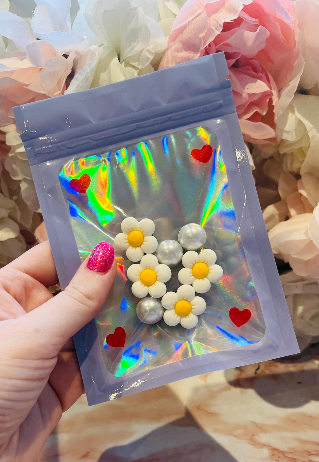 Pack of flower shoe charms with pearls daisy flowers pretty set