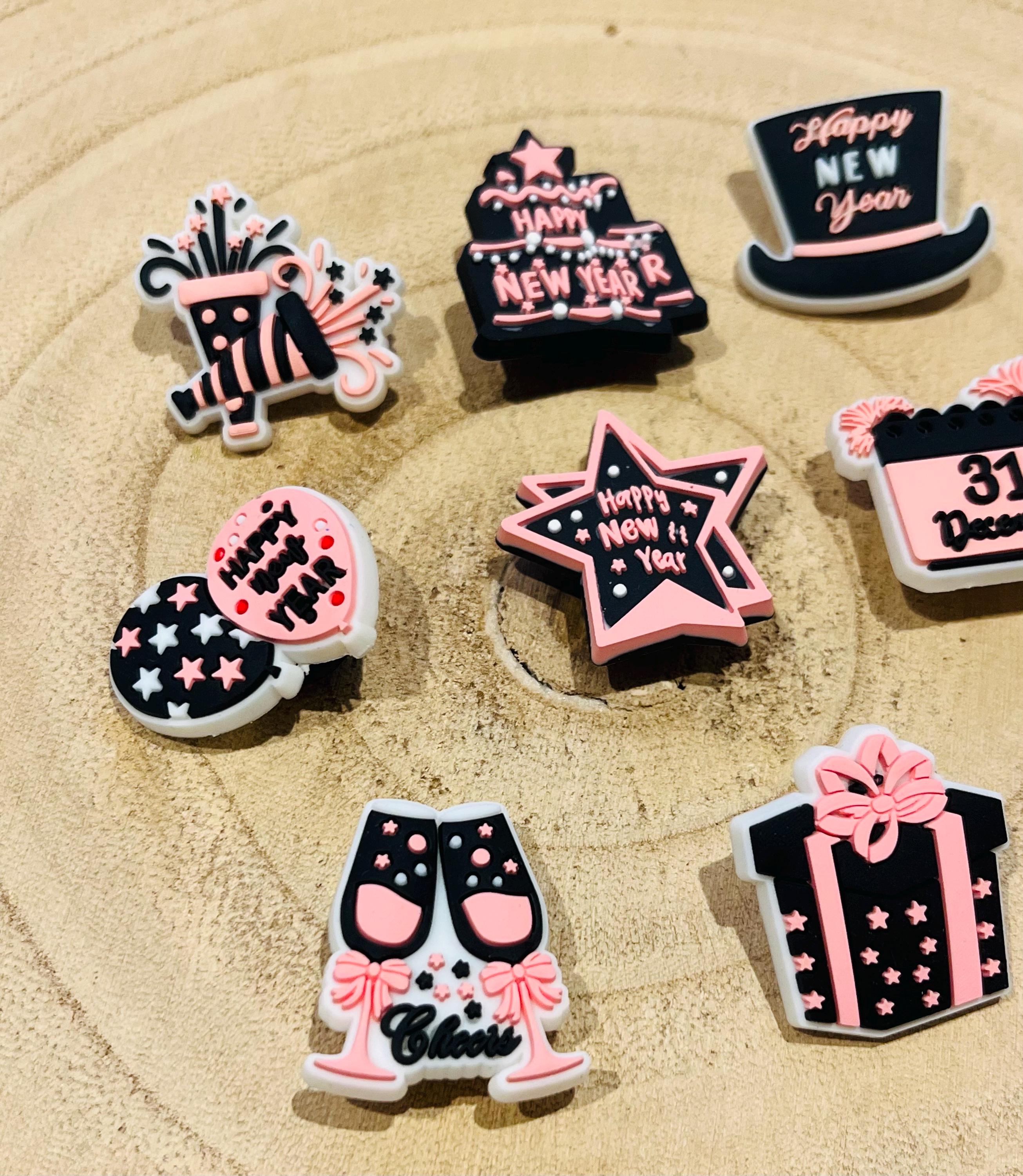 New Year's Eve Croc Charms: Pink & Black, Set of 8