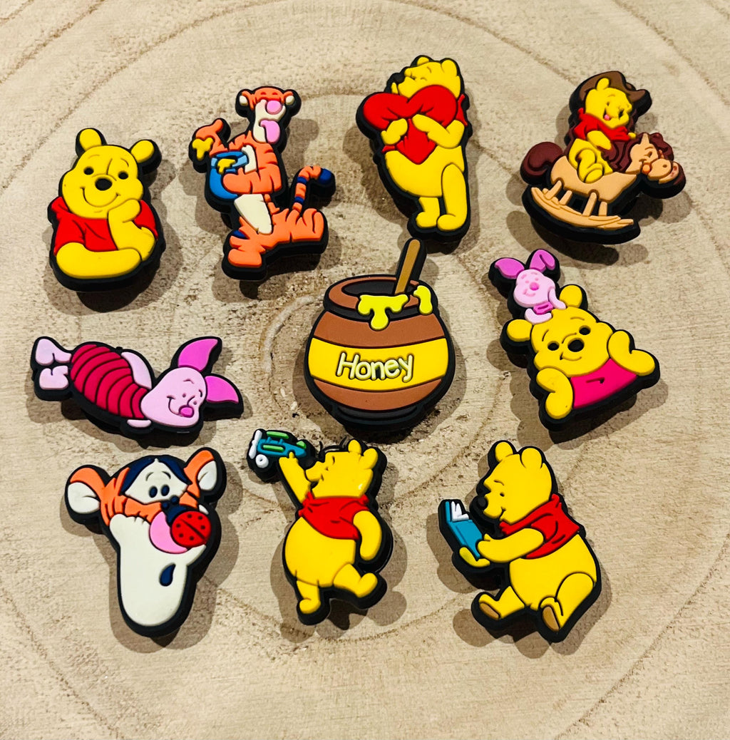Set of 10 Winnie The Pooh Croc Charms | Disney Croc Charms | Clog Charms | Tigger Croc Charms | Piglet Eeyore Honey Pot Charms