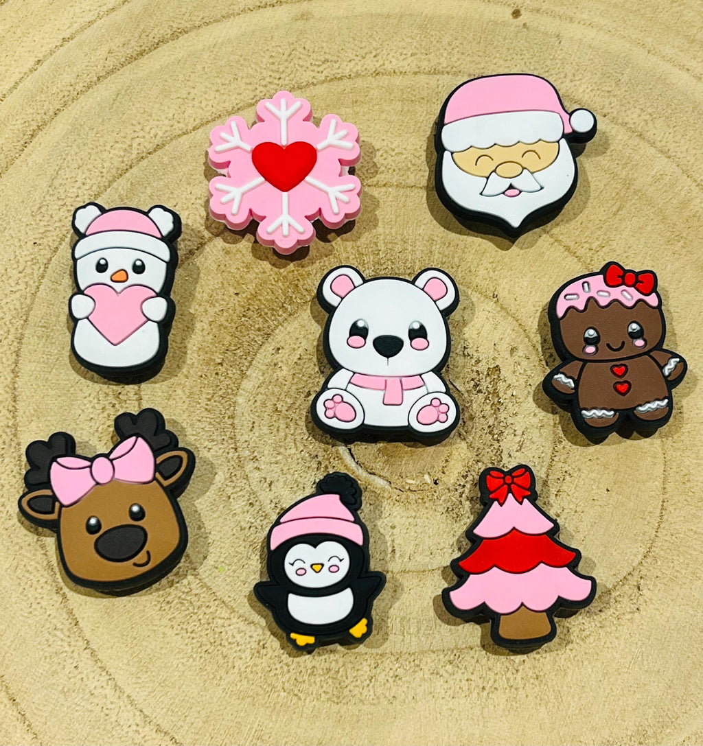 Girls Christmas Croc Charms: Pink Xmas Shoe Accessories - 8 Pack