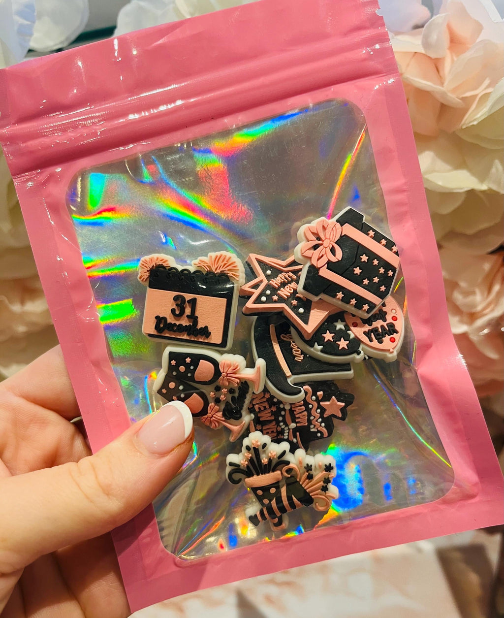 New Year's Eve Croc Charms: Pink & Black, Set of 8
