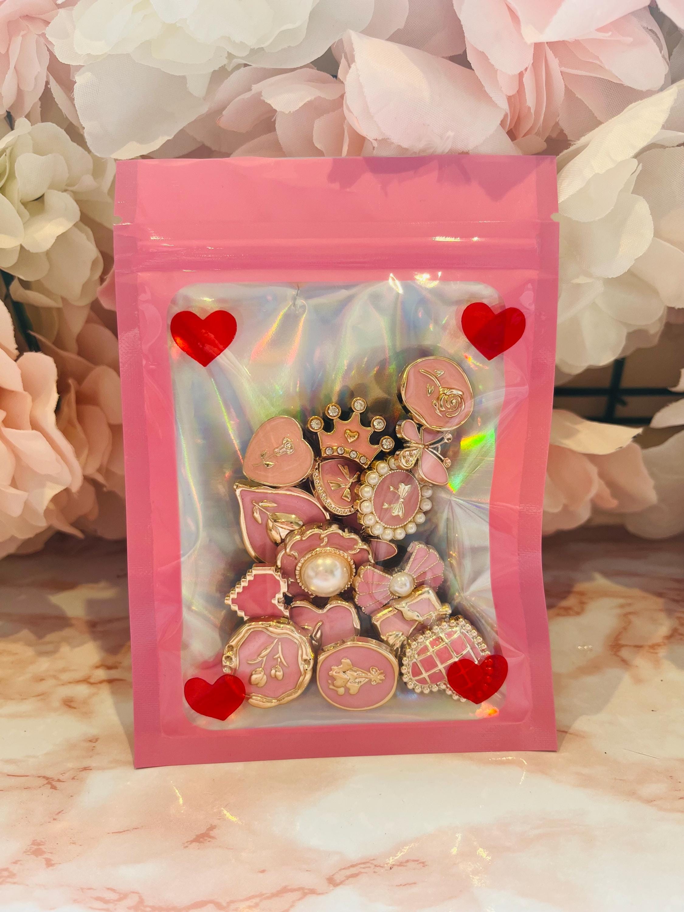 Set of 16 Pretty Pink Shoe Charms | Hearts Pearls Bows Shoe Clog Girls Accessories