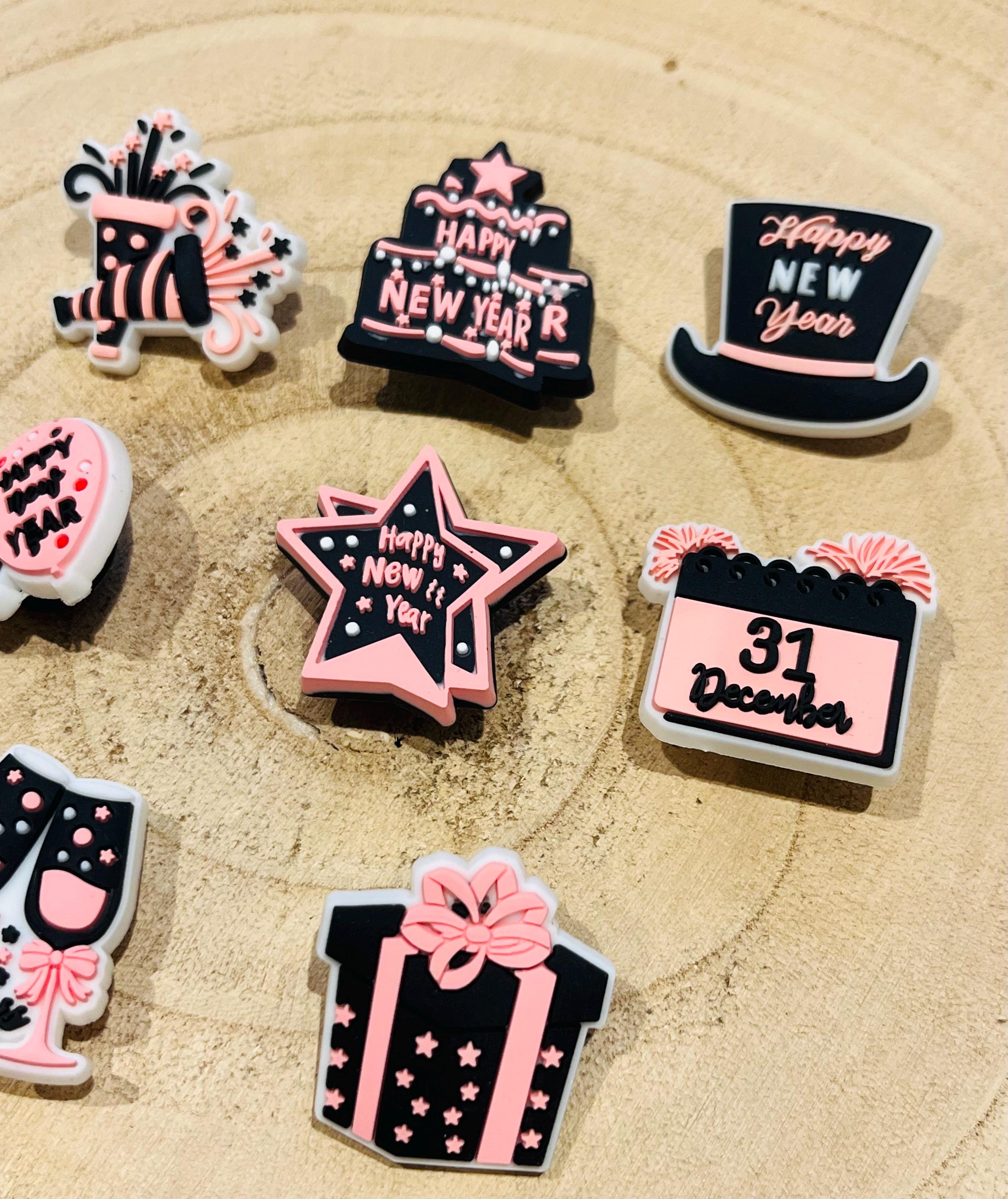 New Year's Eve Croc Charms: Pink & Black, Set of 8