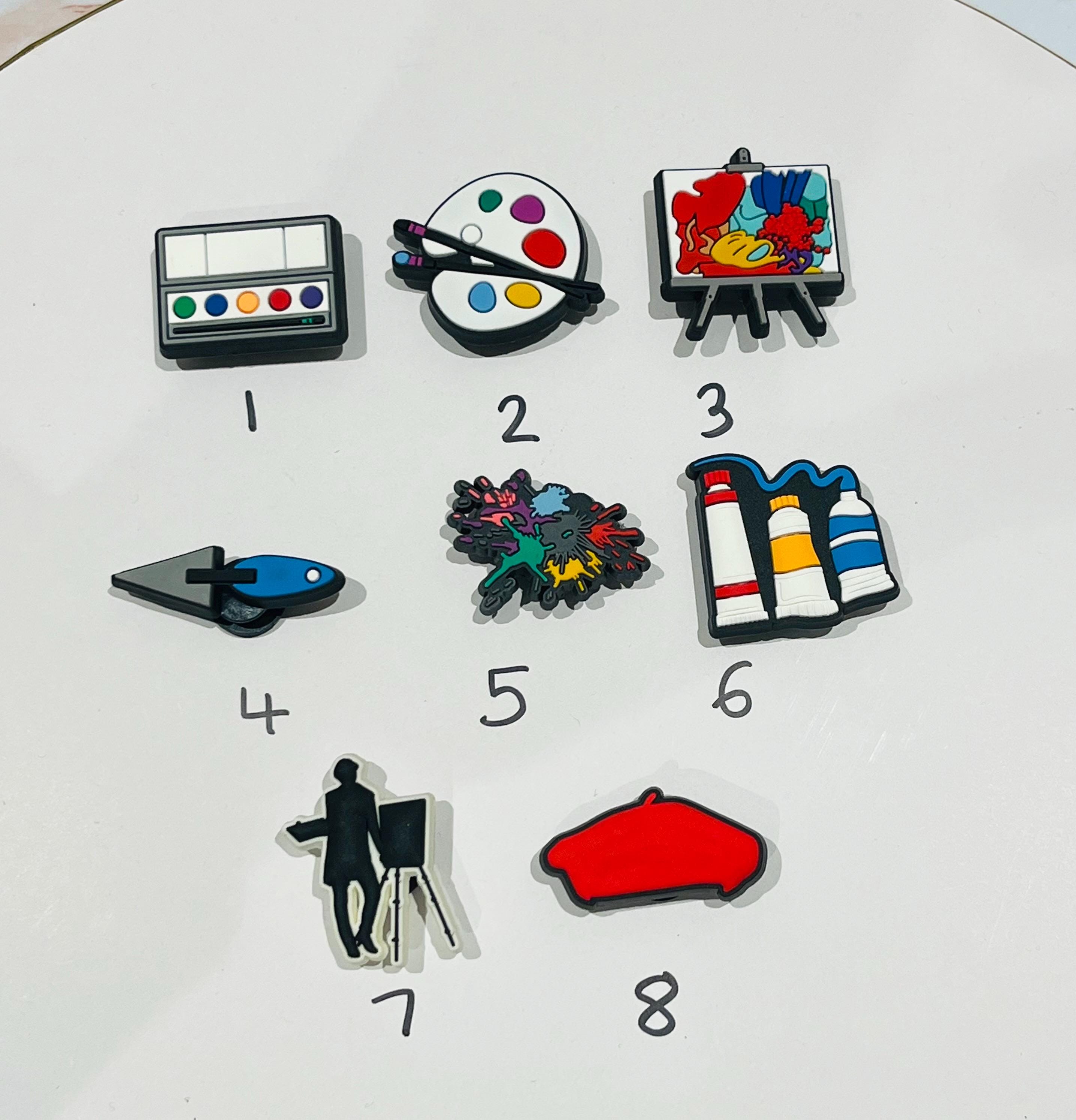 Artist Croc Charms: Paint Palette PVC Shoe Decoration (Set of 8) Paint Brush Art Craft Easel
