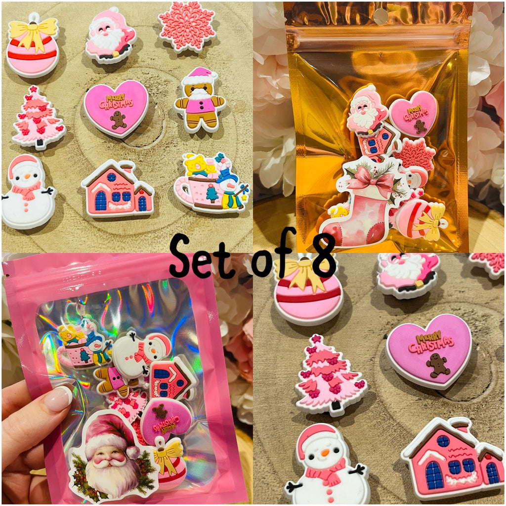 Christmas Shoe Charms Set of 8 PVC Custom Shoe Accessories Pink