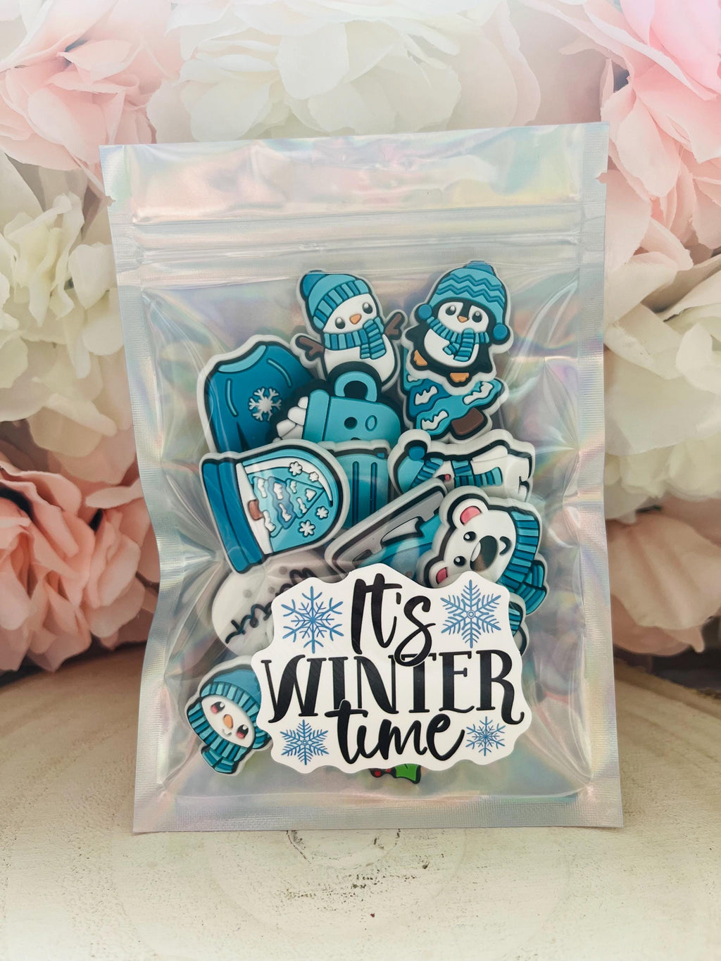 Blue Christmas Croc Charms: Snowman, Xmas Tree, Ice Skating - Set of 14