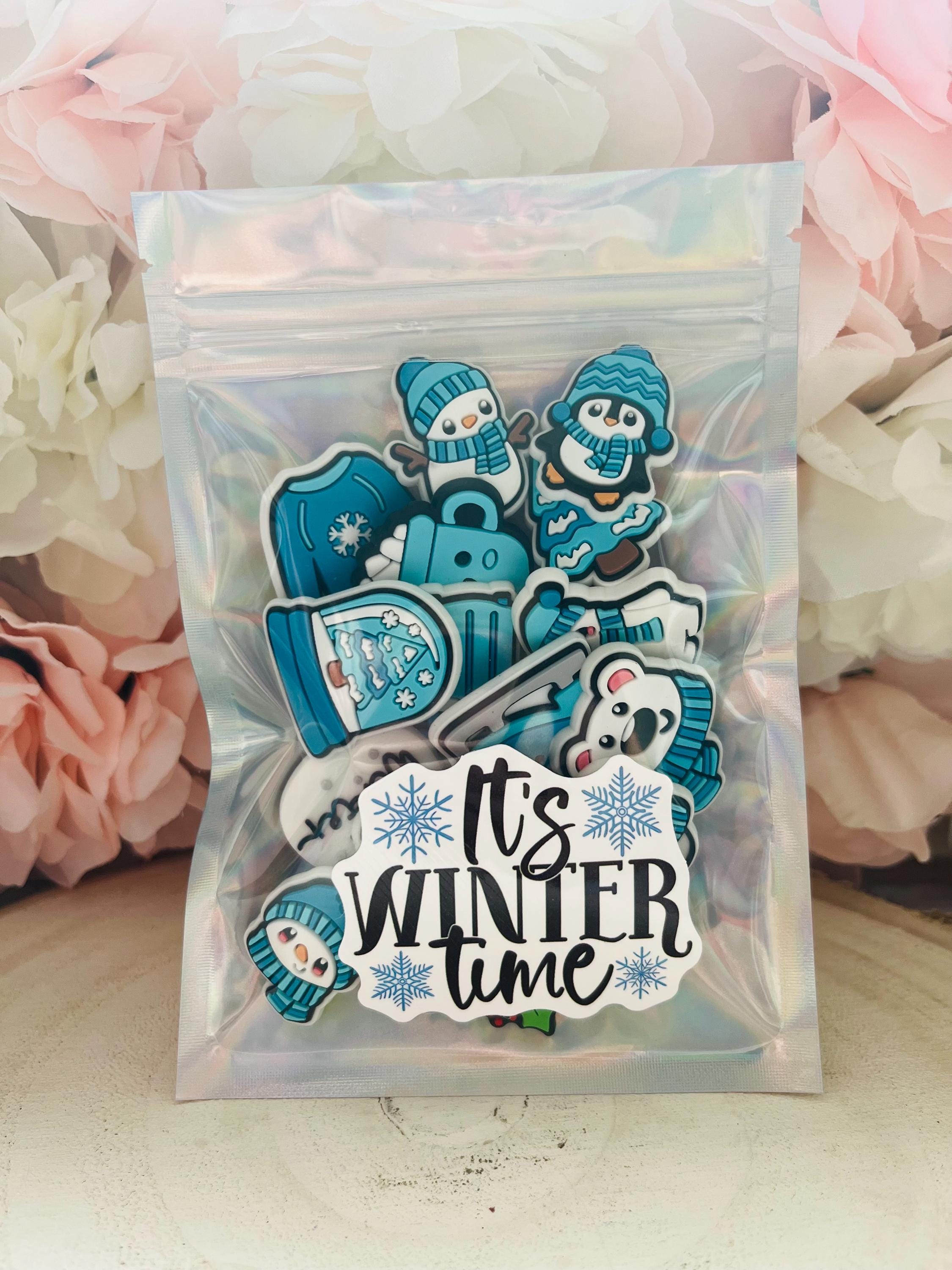 Blue Christmas Croc Charms: Snowman, Xmas Tree, Ice Skating - Set of 14