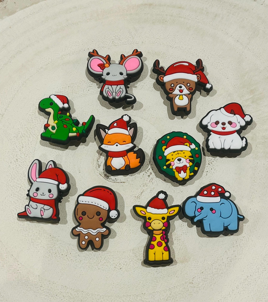 Set of 10 Animal Christmas Croc Charms With Santa Hats On