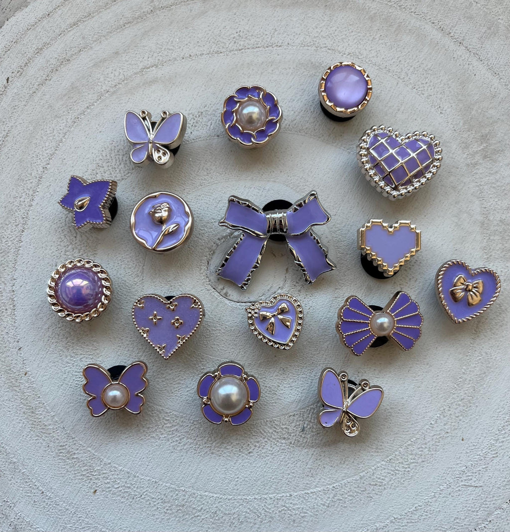 Purple Shoe Charms for Girls: Heart, Bow, Star - Set of 16