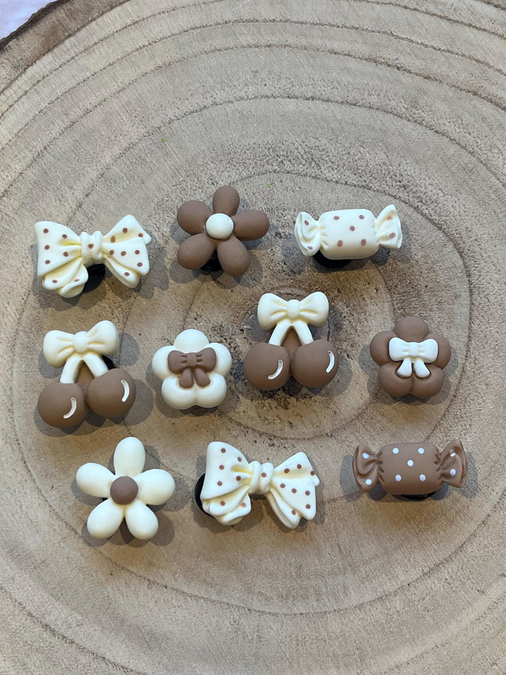 Cream & Brown Croc Charms - Bow, Flower, Sweet Shoe Pins - 10 Pack