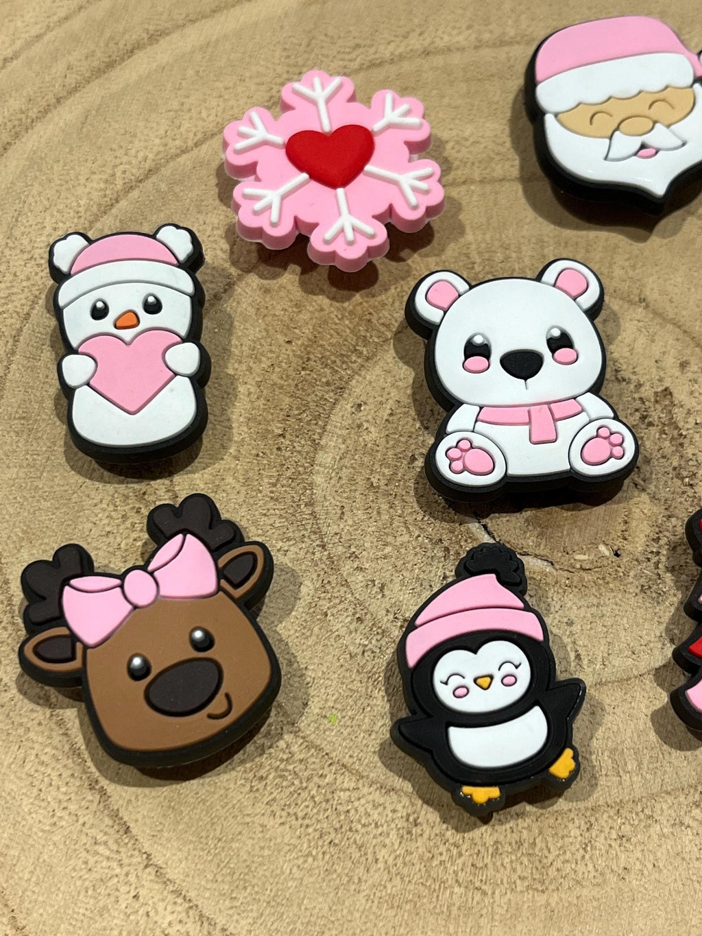Pink Christmas Croc Charms - Santa, Penguin, Reindeer, Polar Bear (Set of 8)