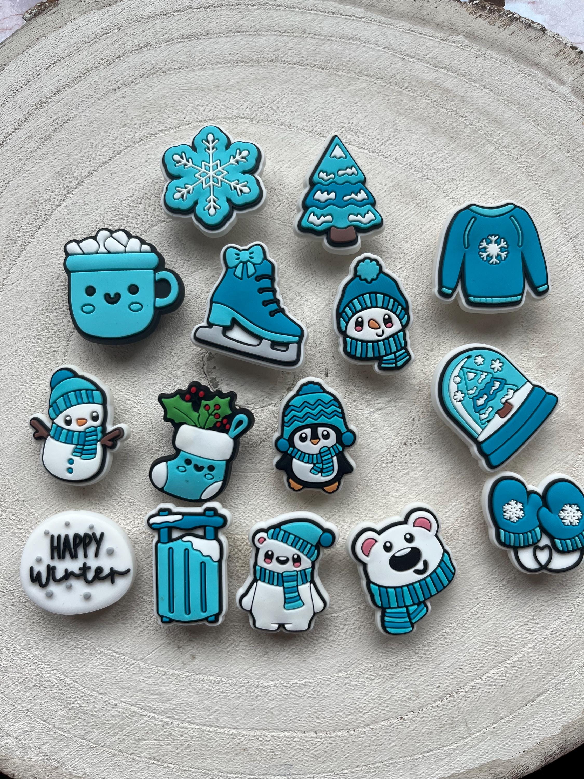 Blue Christmas Croc Charms: Snowman, Xmas Tree, Ice Skating - Set of 14