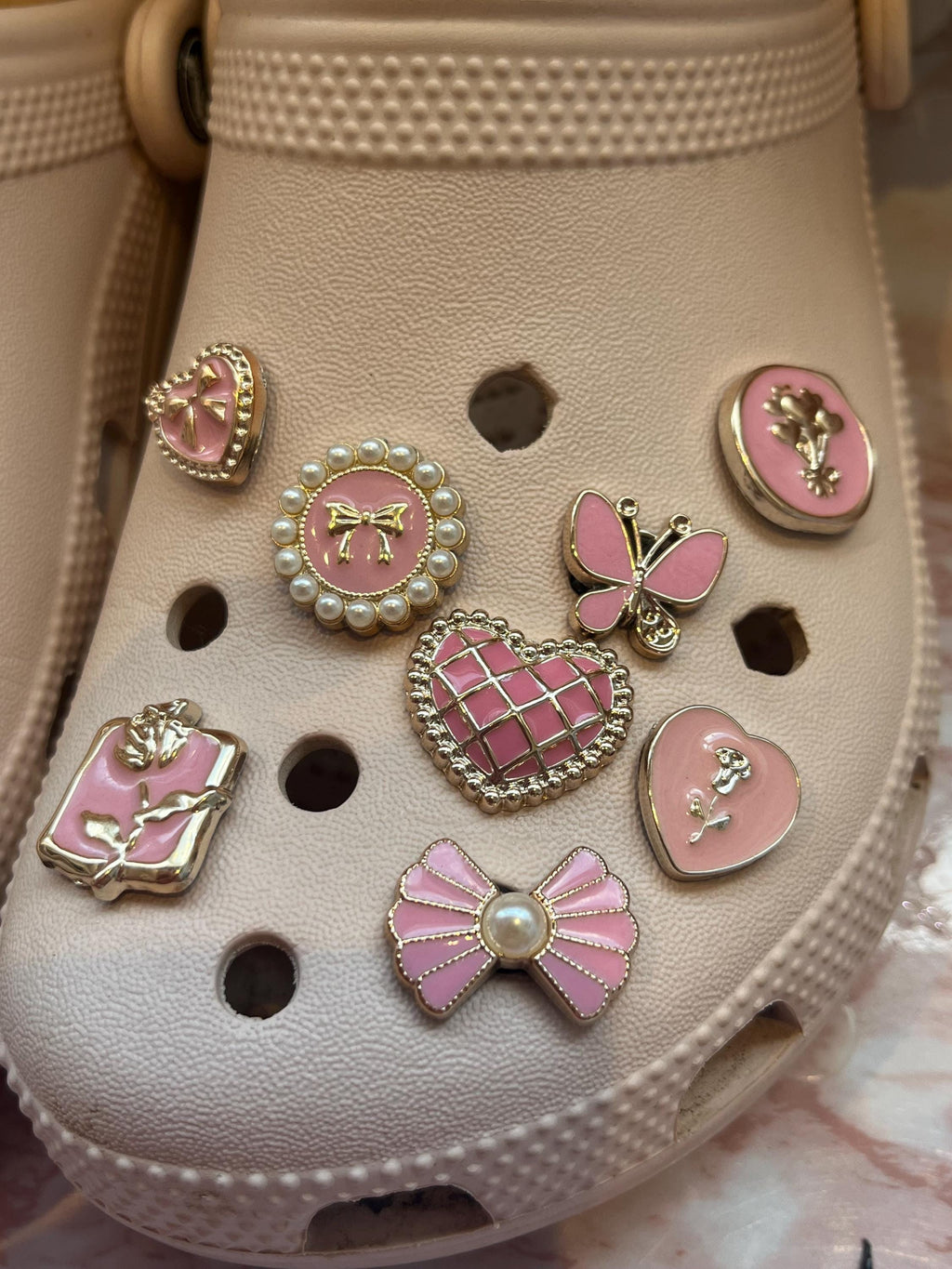 Set of 16 Pretty Pink Shoe Charms | Hearts Pearls Bows Shoe Clog Girls Accessories