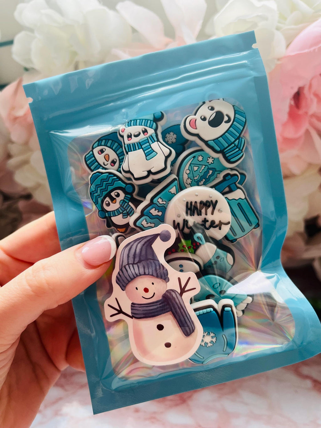 Blue Christmas Croc Charms: Snowman, Xmas Tree, Ice Skating - Set of 14