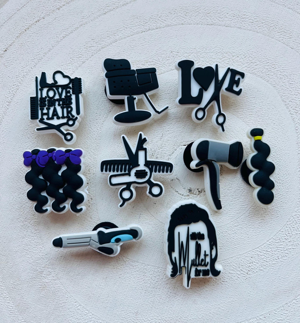 Hairdressing Croc Charms: Barber Shoe Accessories, Set of 8