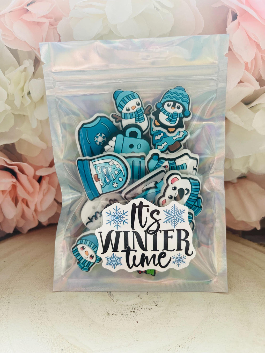 Blue Christmas Croc Charms: Snowman, Xmas Tree, Ice Skating - Set of 14