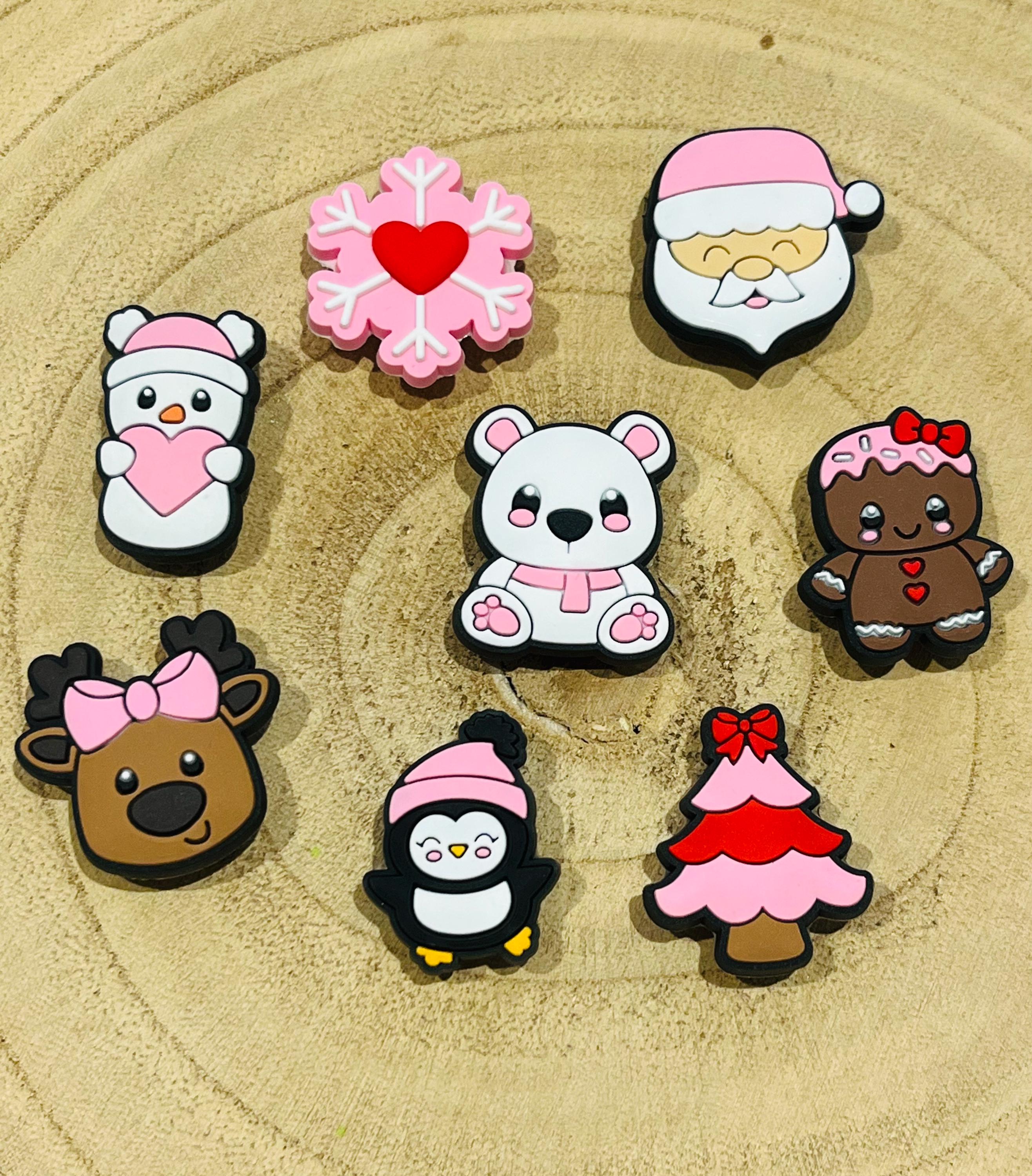 Pink Christmas Croc Charms - Santa, Penguin, Reindeer, Polar Bear (Set of 8)