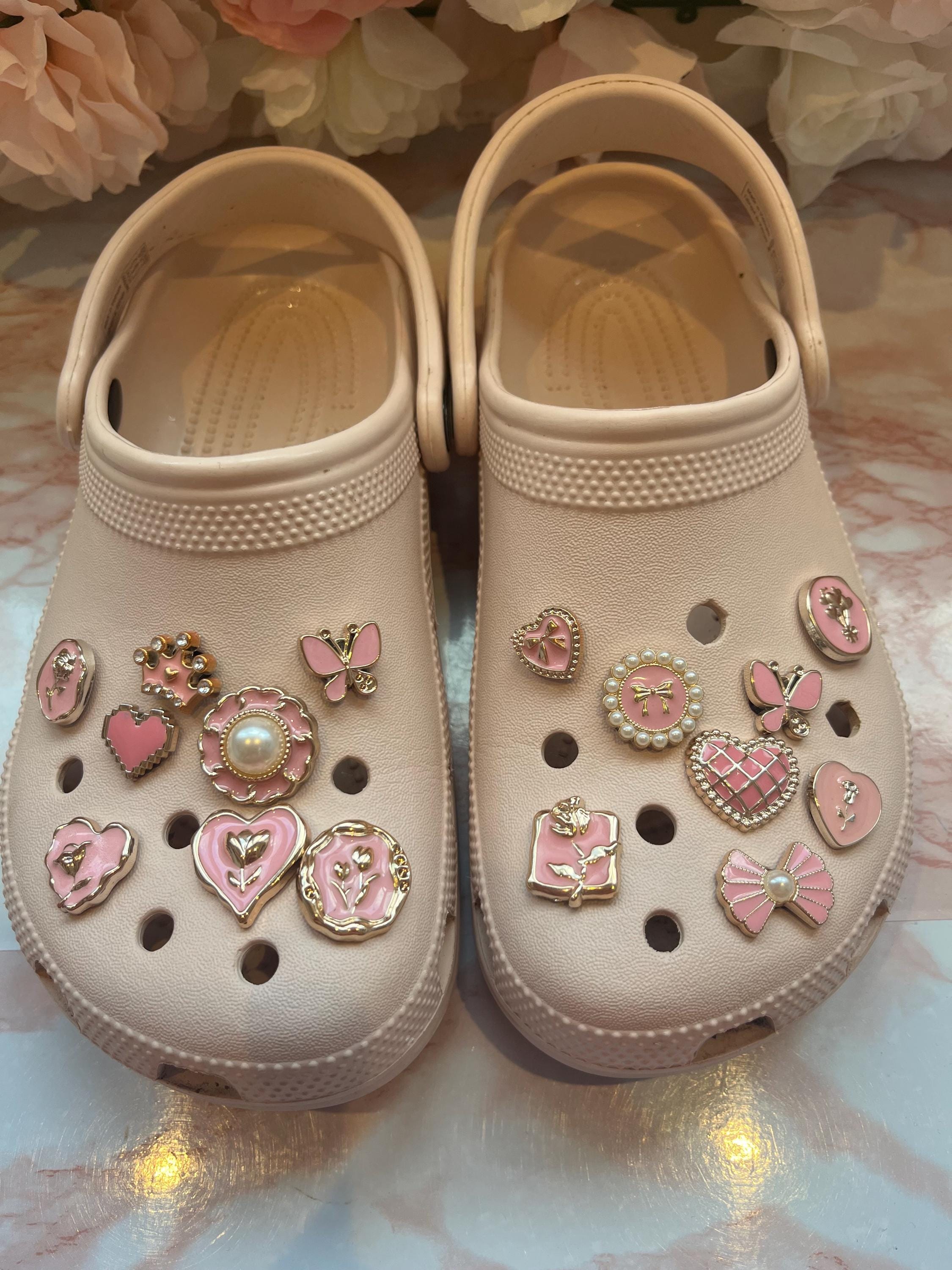 Set of 16 Pretty Pink Shoe Charms | Hearts Pearls Bows Shoe Clog Girls Accessories