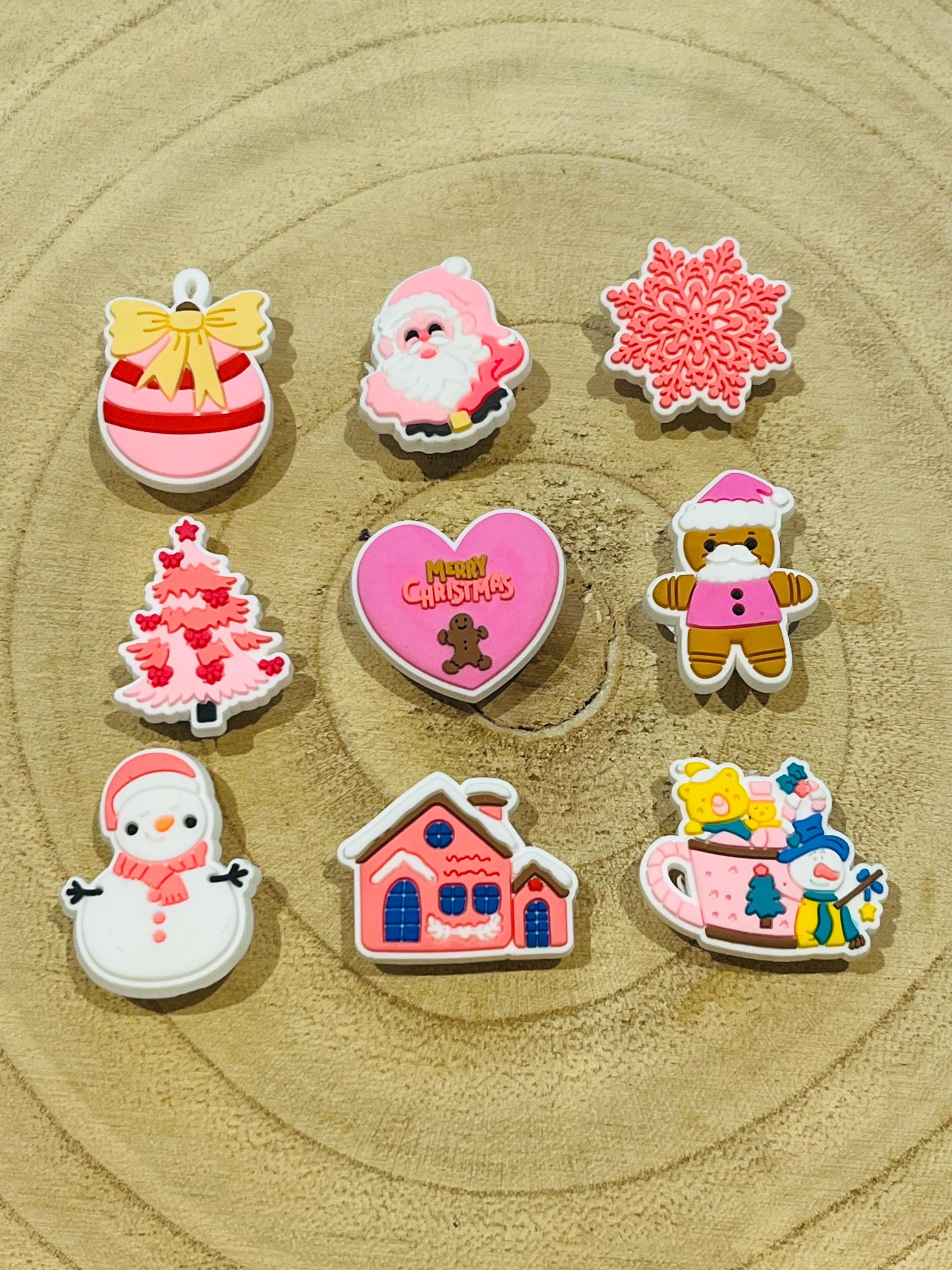 Pink Christmas Croc Charms: Santa, Snowman, Bauble Set