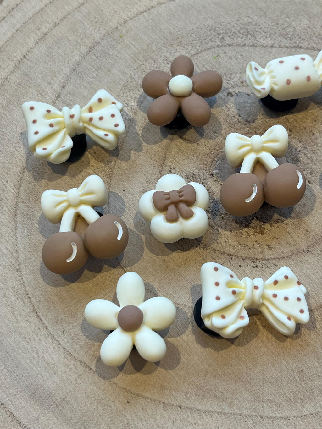 Cream & Brown Croc Charms - Bow, Flower, Sweet Shoe Pins - 10 Pack