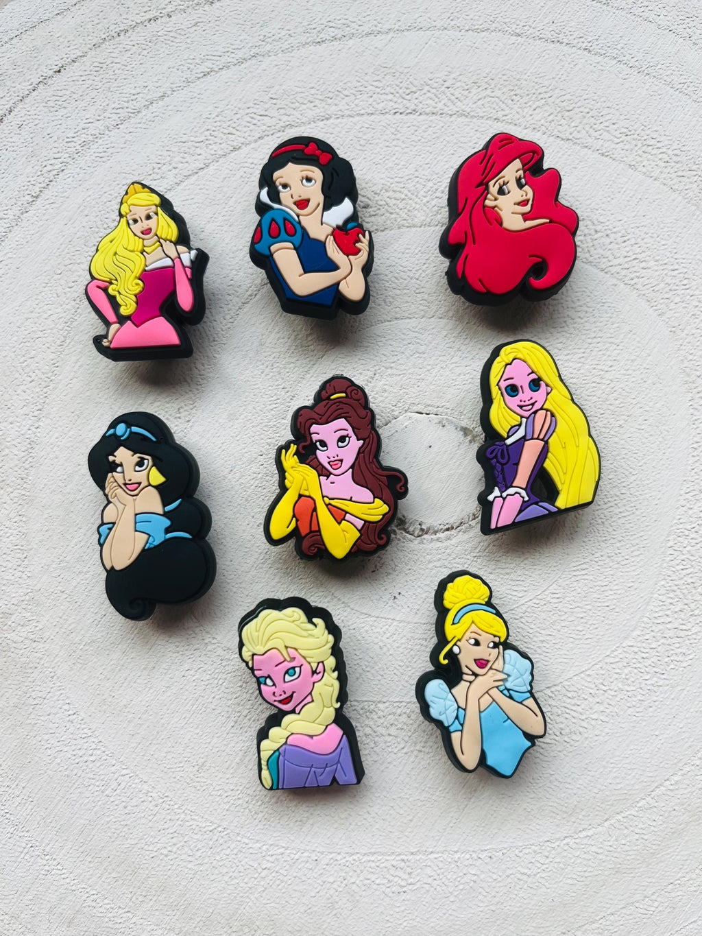 Princess Croc Charms Set of 8 Belle Snow White Elsa Cinderella Aerial Sleeping Beauty Jasmine