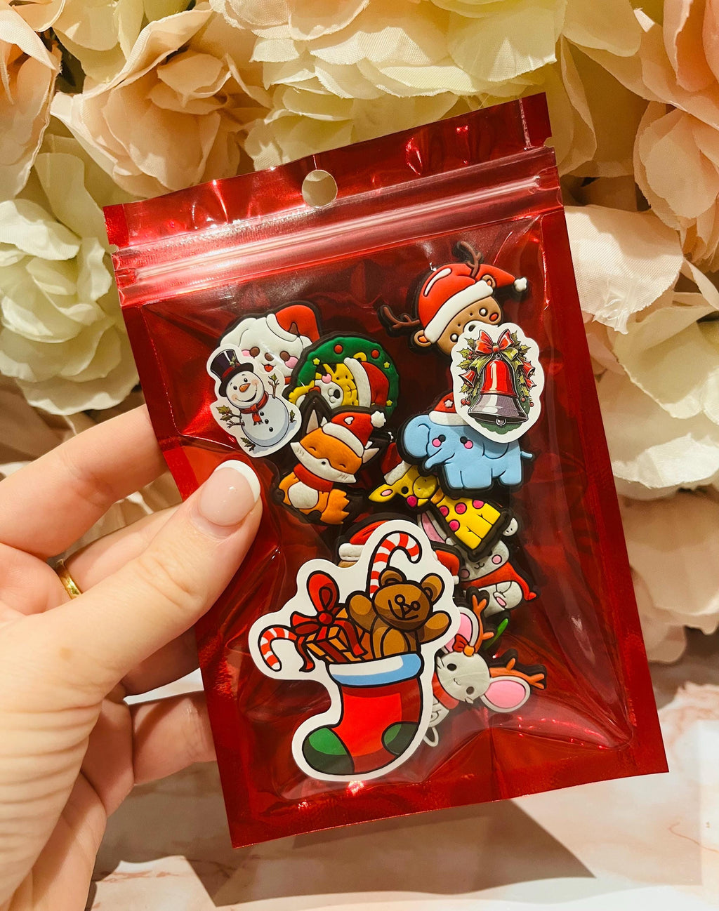 Set of 10 Animal Christmas Croc Charms With Santa Hats On